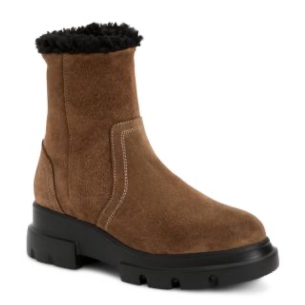 Aquatalia Kyla Brown Suede Shearling-Lined Ankle Boots Lug Sole 10.5